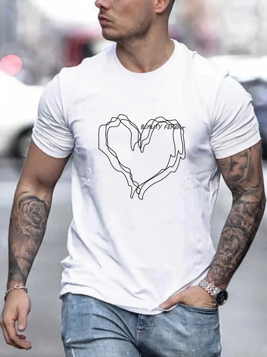 Men's Love Tee - Casual Black T-Shirt with Heart-Shaped Hands Graphic, Short Sleeve, Polyester & Spandex Blend