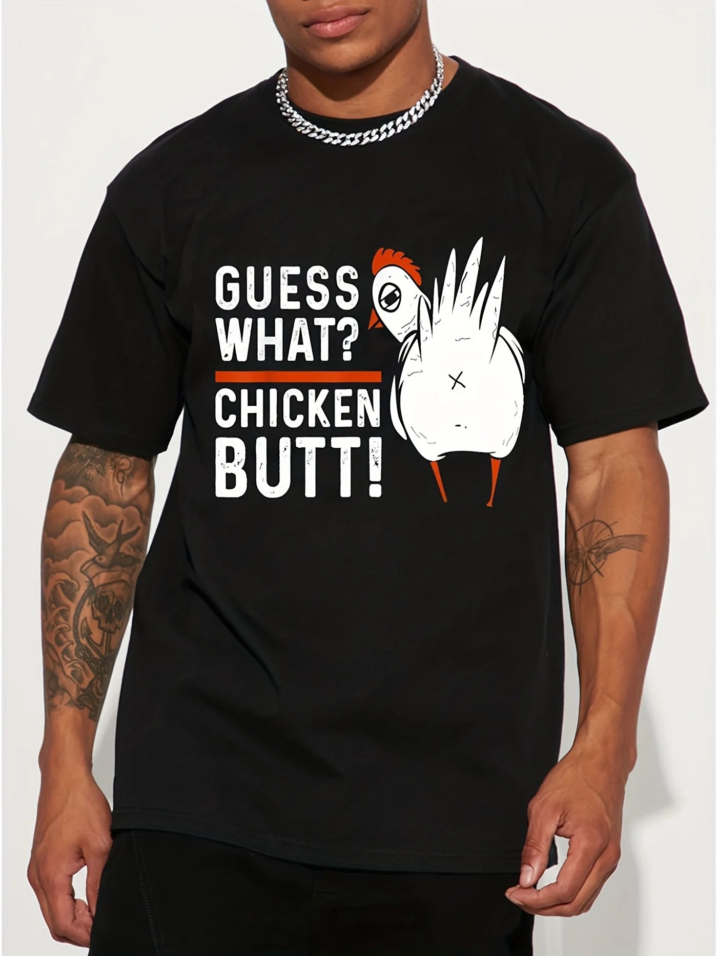 Men's "Guess What Chicken Butt" Graphic T-Shirt - Funny Casual Short Sleeve Summer Tee, Black with Colorful Rooster Design