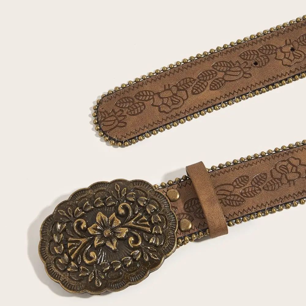 Fashion Adjustable Women Belt Vintage PU Leather Cowboy Belt Engraved-Buckle Boho Western Belt for Jeans Pants Dresses