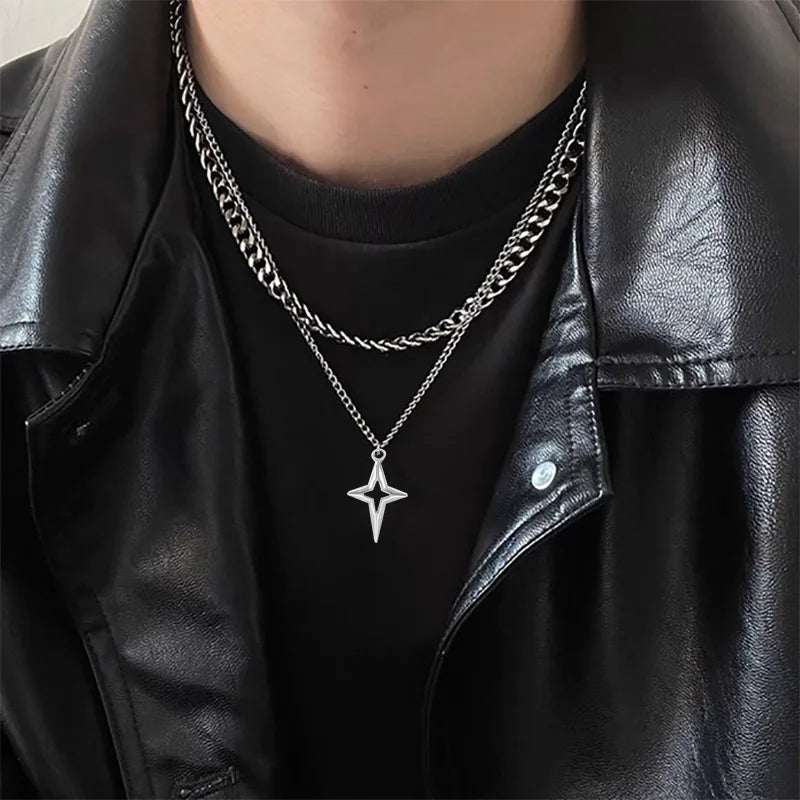 (Copy) Double Layered Cuban Star Pendant Necklace for Man Titanium Steel Hip-Hop Design Collarbone Chain Unisex Jewelry Wholesale