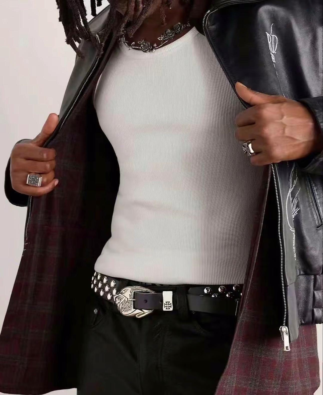 Black PU Studded Punk Belt – Eagle Buckle & Cross Emblem Hardware (Unisex)