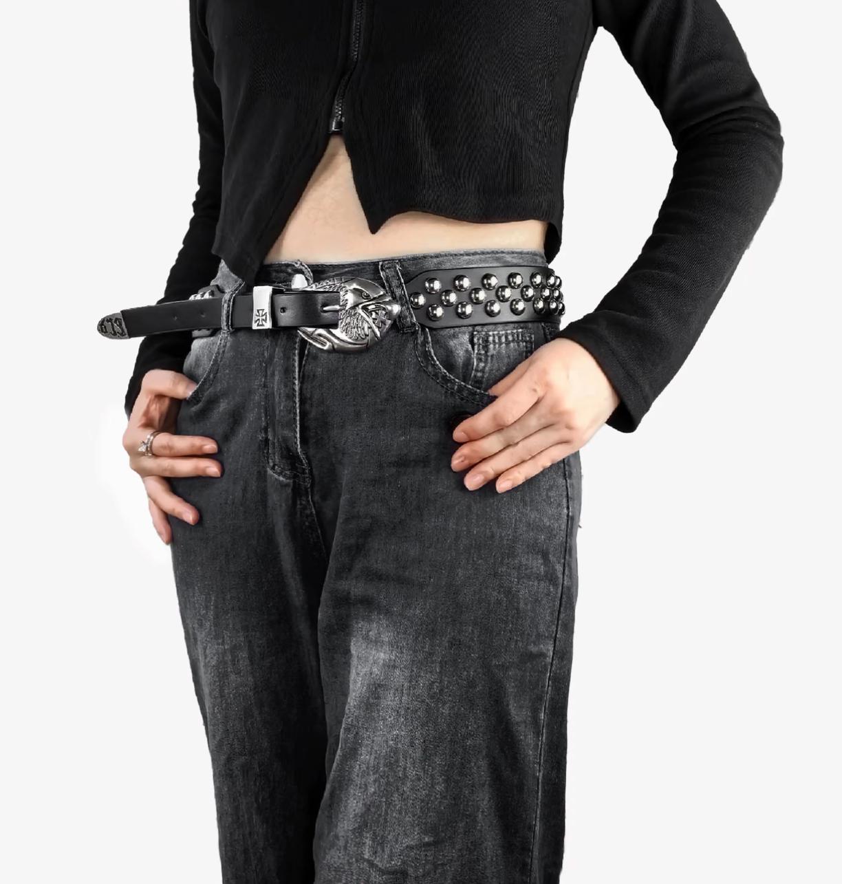 Black PU Studded Punk Belt – Eagle Buckle & Cross Emblem Hardware (Unisex)