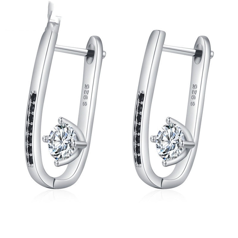 S925 Sterling Silver Earrings – Black Zircon Inlay with White Crystal Centerpiece