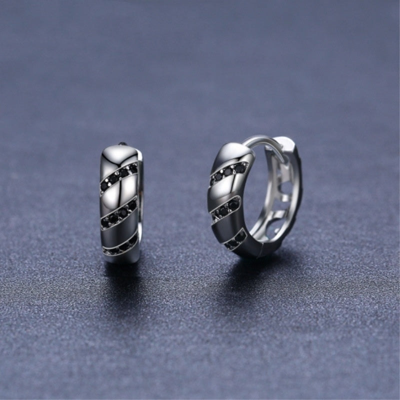 Black Zircon Stripe Hoop Earrings – Polished Silver Huggie Style (Unisex)