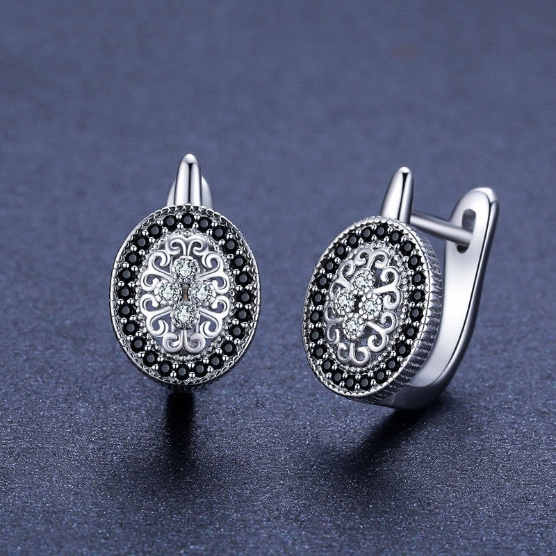 S925 Vintage Medallion Earrings – Sterling Silver Black & Clear Zircon Hoops