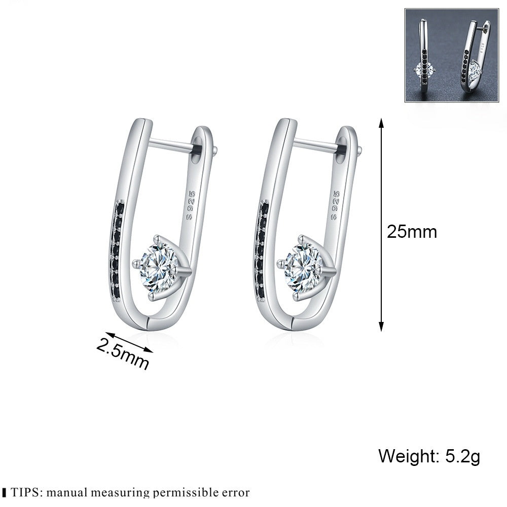 S925 Sterling Silver Earrings – Black Zircon Inlay with White Crystal Centerpiece