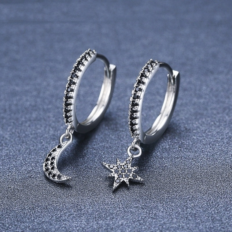 Star & Moon Drop Earrings - Silver Asymmetrical Black Zircon Hoops