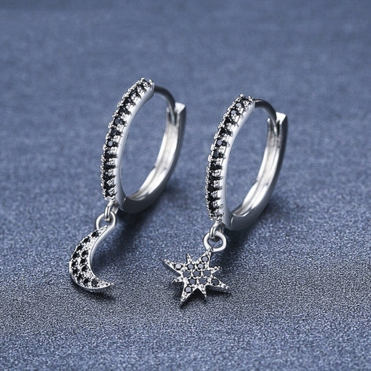 Star & Moon Drop Earrings - Silver Asymmetrical Black Zircon Hoops
